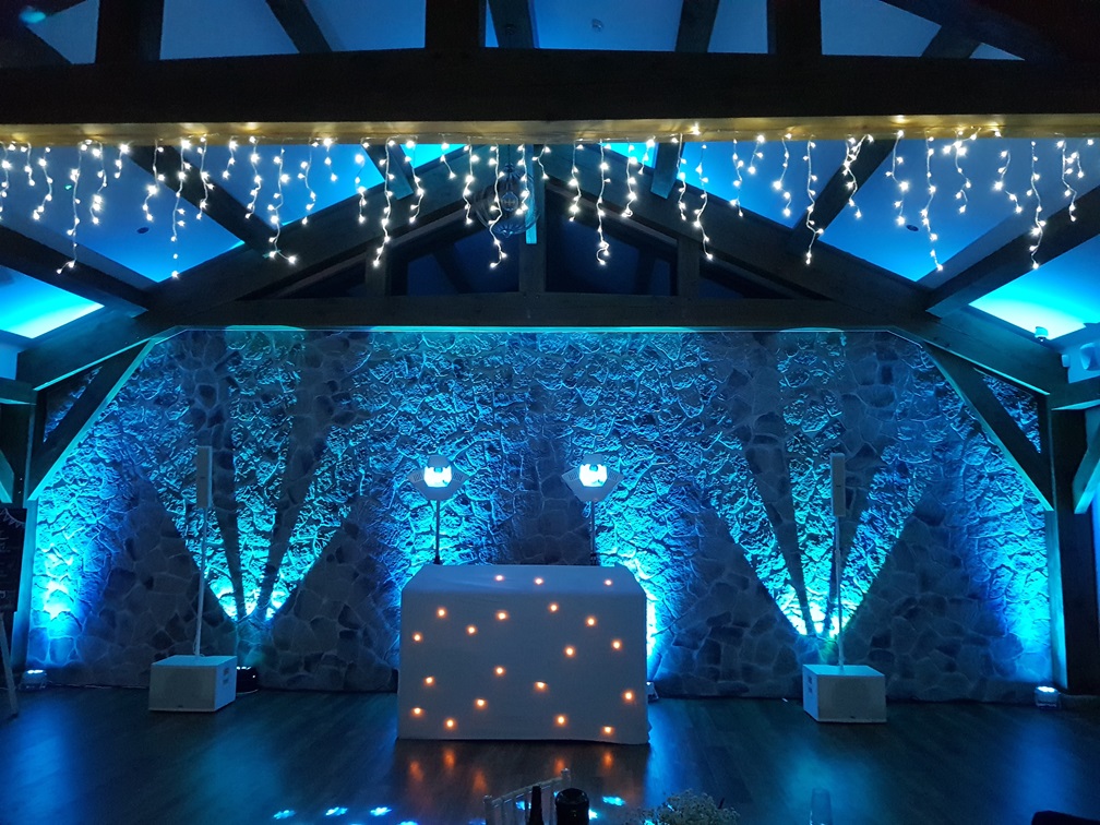 Mobile disco setup with bright lights and a dance floor