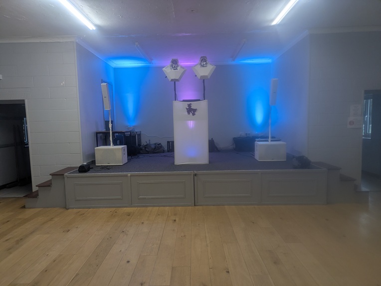 FUNstoppable Mobile Disco setup with blue and purple uplighting
